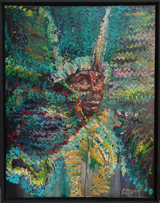 Figure emerging from dense teal and green rippled brushwork, face turned toward the viewer.