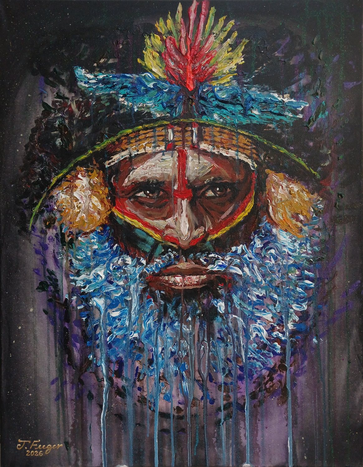 Painting from the Sovereign Vibe Collection by Jeffry Feeger — a highlands figure in ceremonial headdress and face paint, framed by a plume of blue and white impasto.